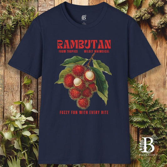 Navy blue t-shirt with rambutan graphic and text on a wooden background