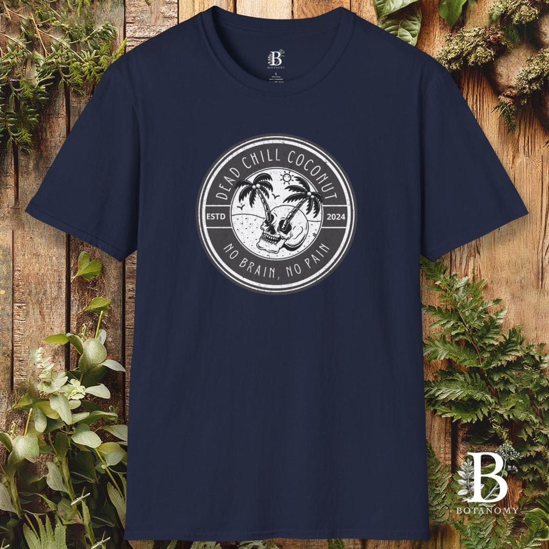 Navy blue t-shirt with a circular logo featuring a palm tree on a wooden background with plants.