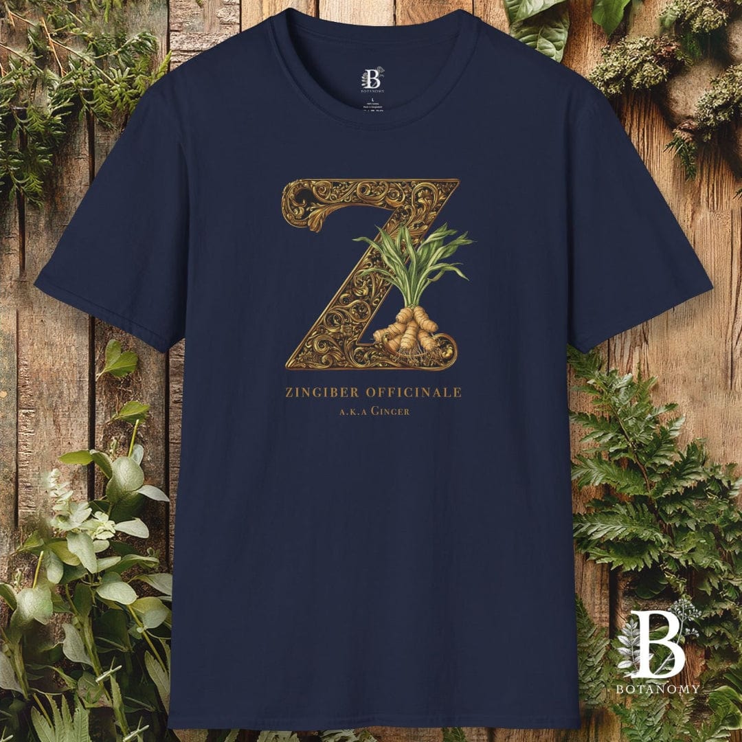 Navy blue t-shirt with gold 'Z' design on a wooden background