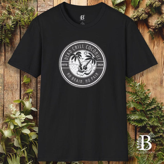 Black t-shirt with a white logo on a wooden background