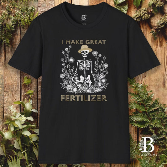 Black t-shirt with skeleton design and text on a wooden background