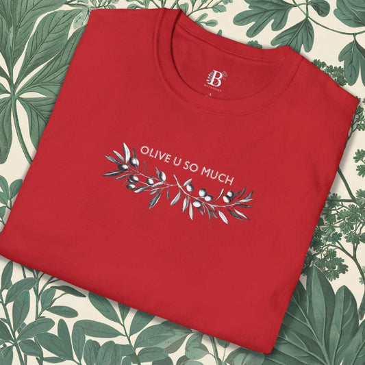 Red t-shirt with 'Olive U So Much' design on a floral background