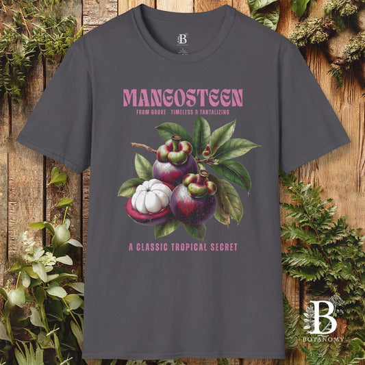 Gray t-shirt with mangosteen graphic and text on a wooden background