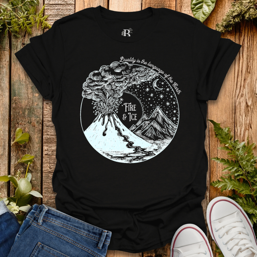 Black t-shirt with text "Fire & ice" and volcano and ice glacier graphic design.