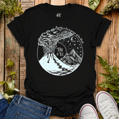 Black t-shirt with text "Fire & ice" and volcano and ice glacier graphic design.