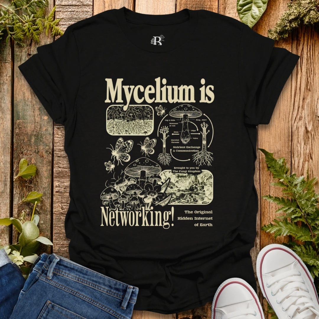 Black t-shirt with Mycelium is Networking text and mushroom graphics.