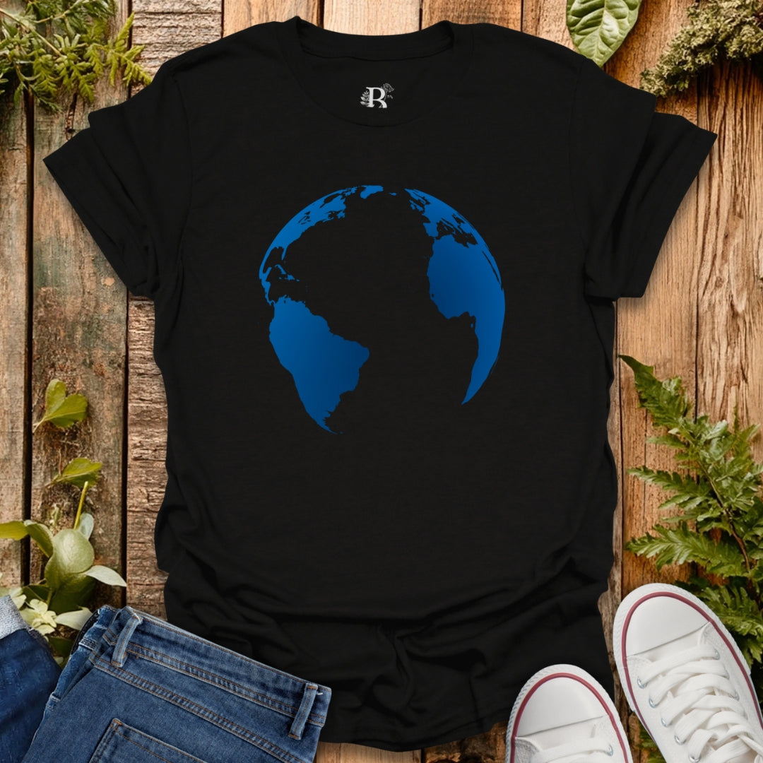 Black t-shirt with earth graphic design.