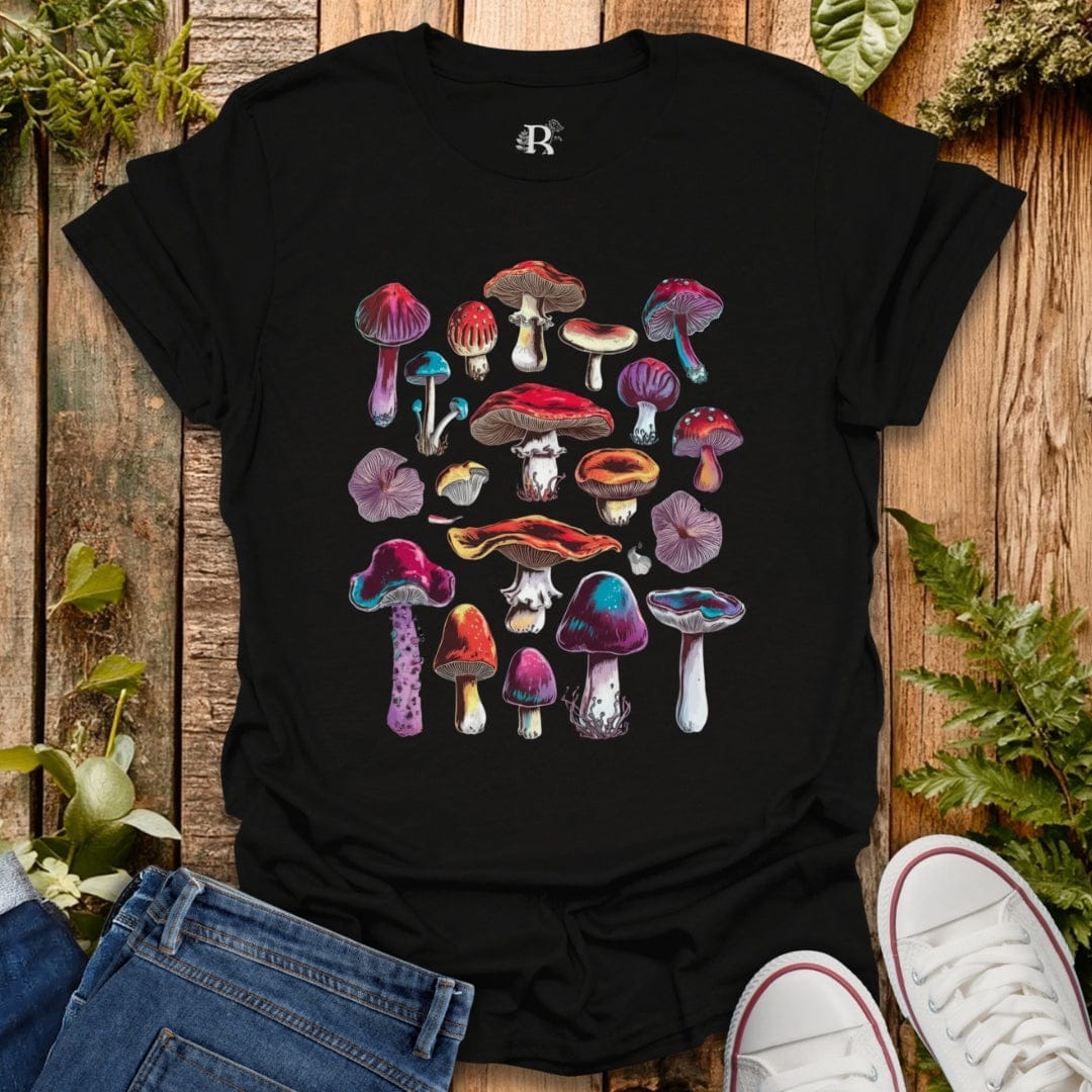 Black psychedelic poisonous mushrooms graphic t-shirt.
