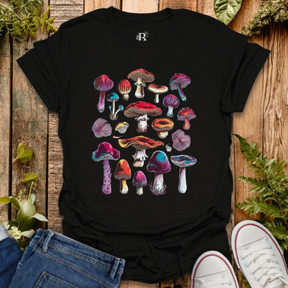 Black psychedelic poisonous mushrooms graphic t-shirt.