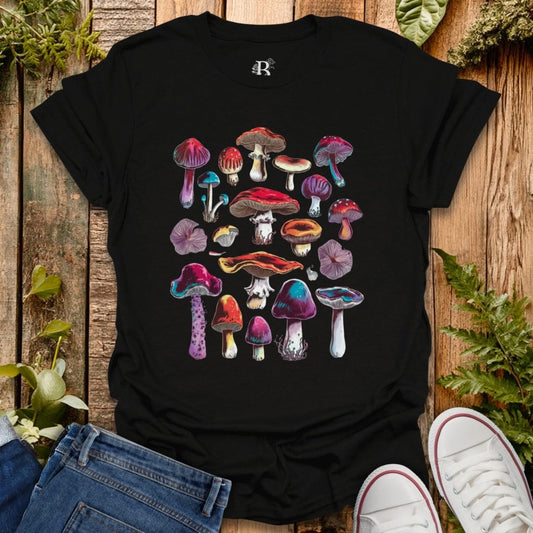 Black psychedelic poisonous mushrooms graphic t-shirt.