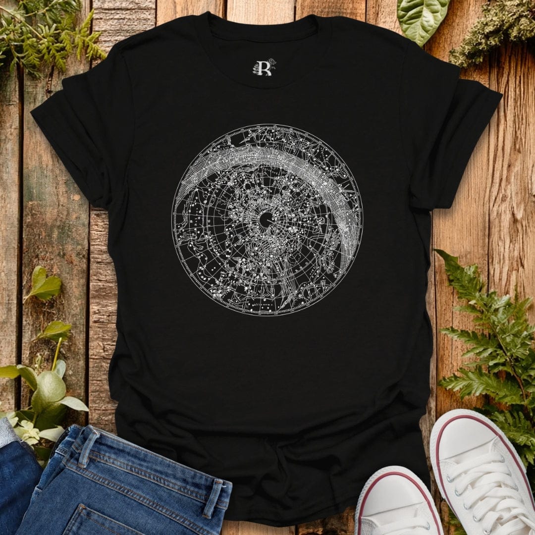 Black t-shirt with constellation graphic design.