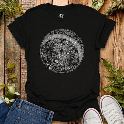 Black t-shirt with constellation graphic design.