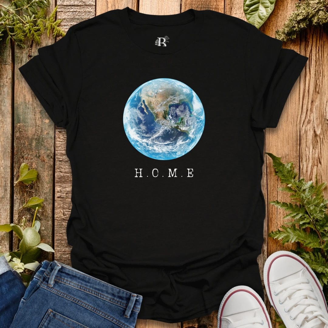 Black t-shirt with earth graphic.