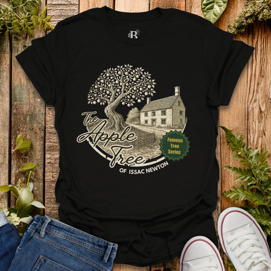 Black t-shirt with apple tree of Issac Newton design, in the "famous tree series".