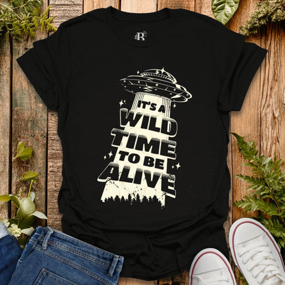 Black T-shirt with UFO graphic design.