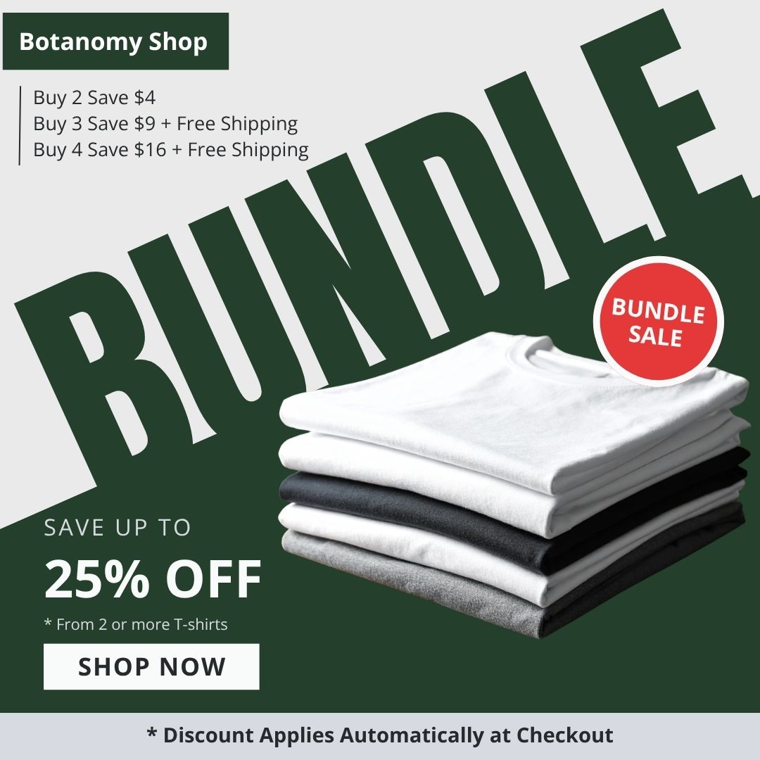 Promotional graphic for a Botanomy Shop bundle sale with text and t-shirts.