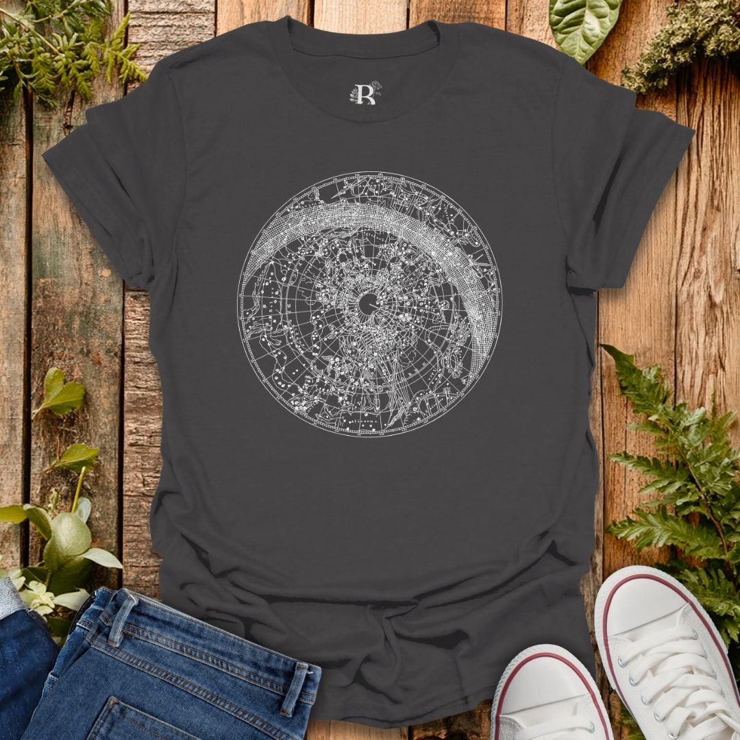 Gray t-shirt with constellation graphic design.