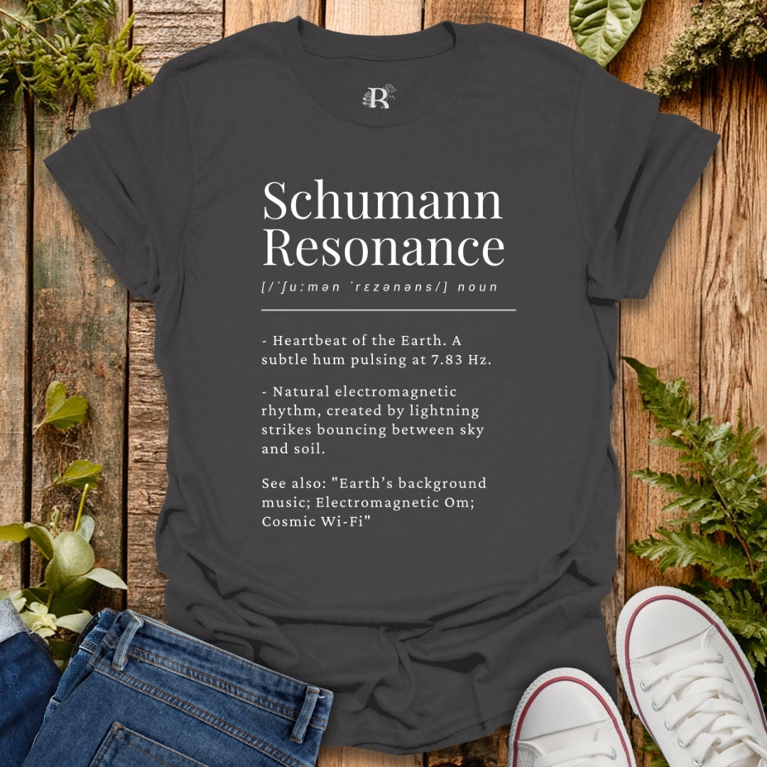 Gray t-shirt with Schumann Resonance dictionary definition design.