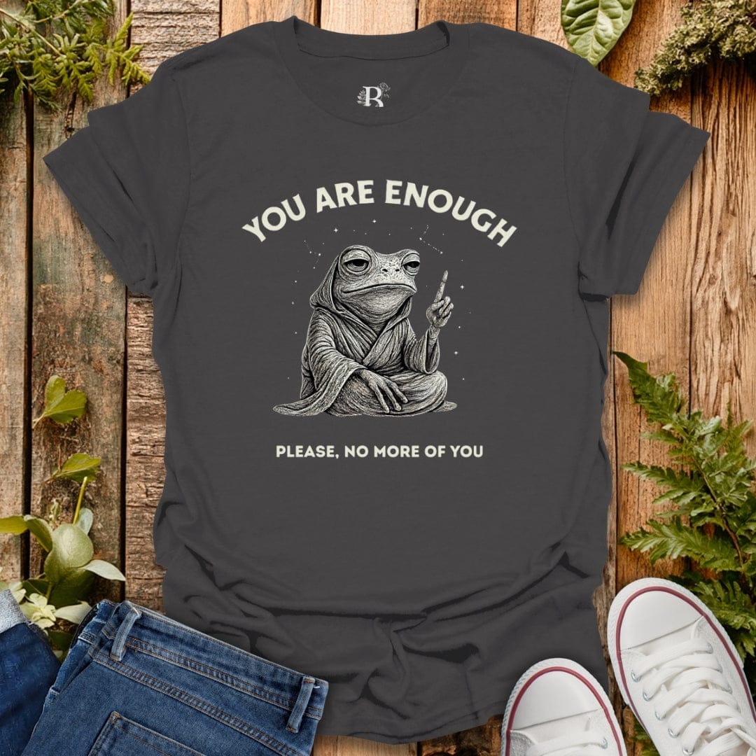 Gray t-shirt with "YOU ARE ENOUGH" text and a cosmic frog  master.