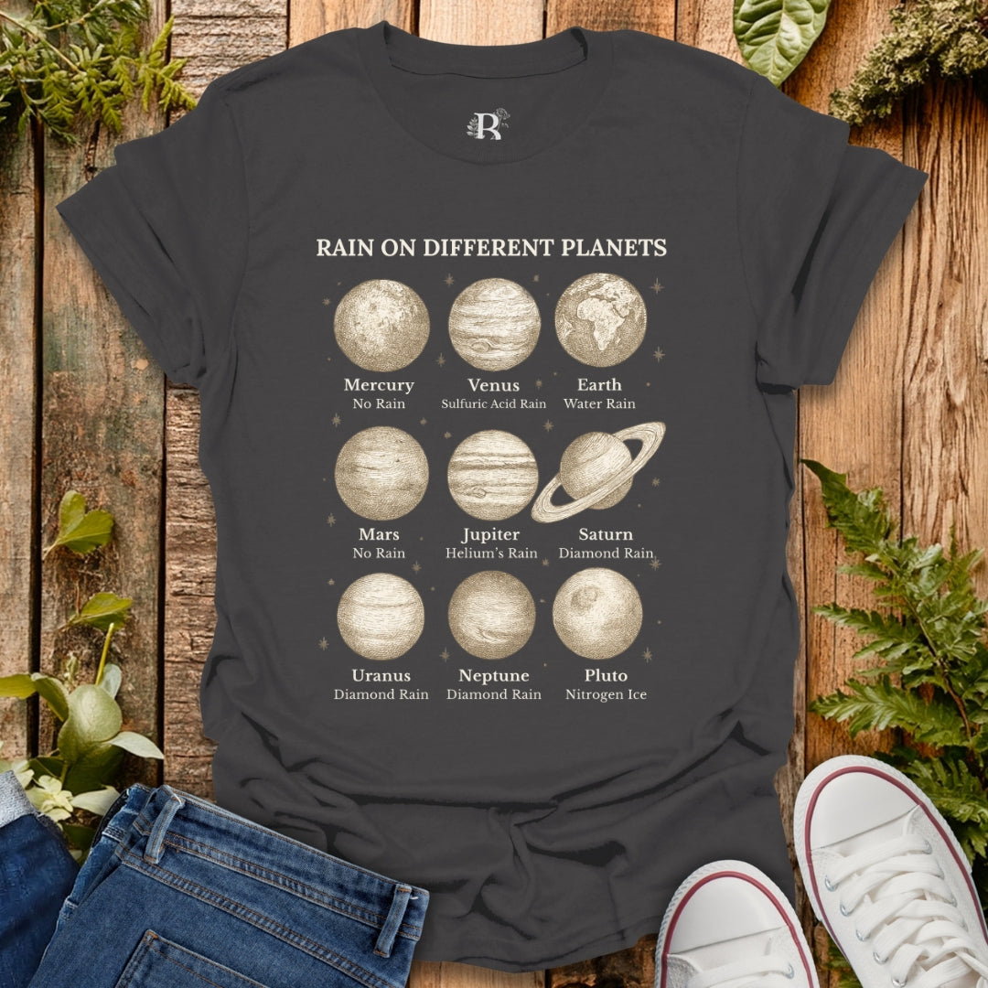 Gray t-shirt with planetary graphic design.