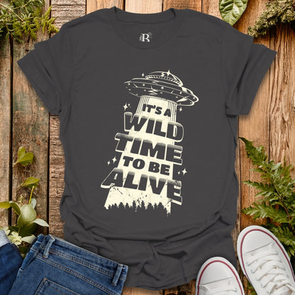 Gray T-shirt with UFO graphic design.