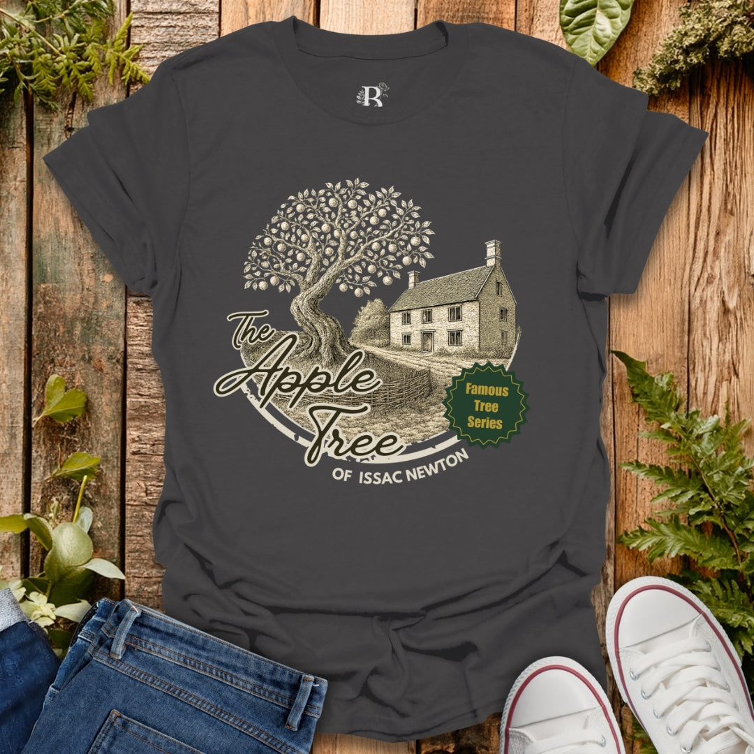 Gray t-shirt with apple tree of Issac Newton design, in the "famous tree series".