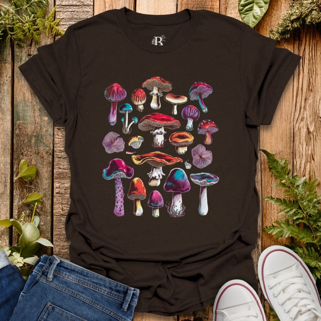 Brown psychedelic poisonous mushrooms graphic t-shirt.