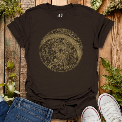 brown t-shirt with constellation graphic design.