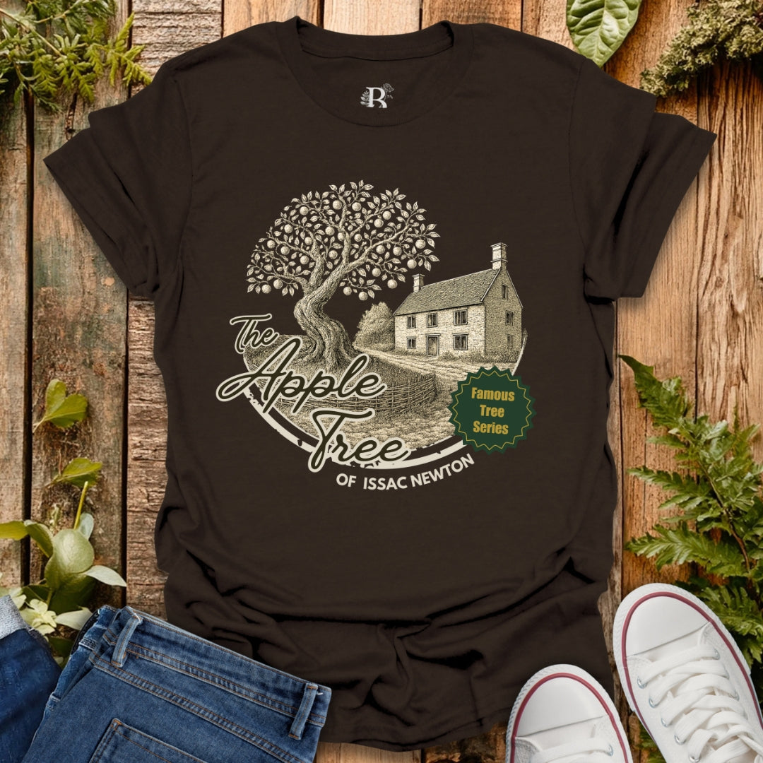 Brown t-shirt with apple tree of Issac Newton design, in the "famous tree series".