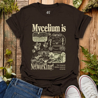 Brown t-shirt with Mycelium is Networking text and mushroom graphics.