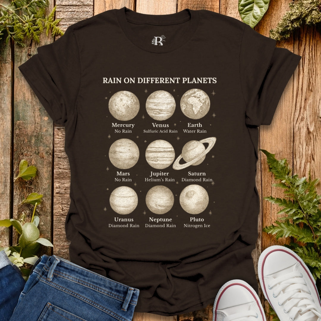 Brown t-shirt with planetary graphic design.