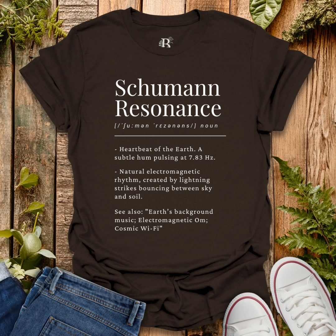 Brown t-shirt with Schumann Resonance dictionary definition design.