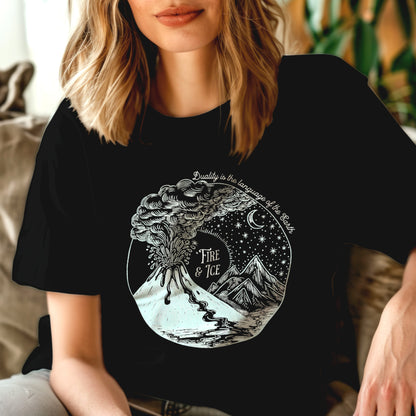 Woman wearing black t-shirt with text "Fire & ice" and volcano and ice glacier graphic design.