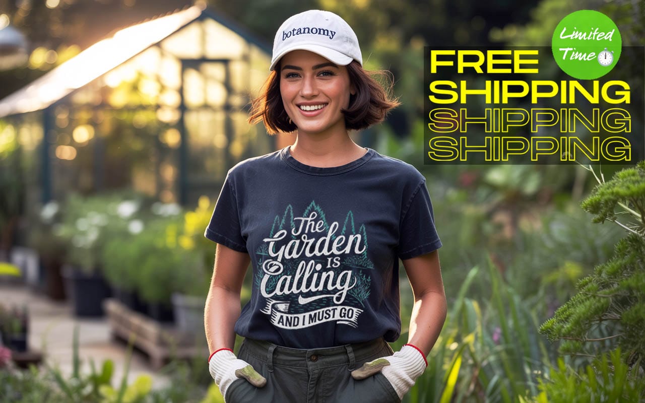 Person wearing a t-shirt with 'The Garden is Calling and I Must Go' text in a greenhouse setting, with promotional text for free shipping.