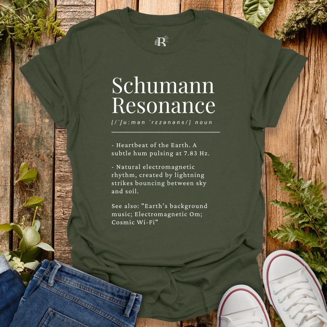 Green t-shirt with Schumann Resonance dictionary definition design.