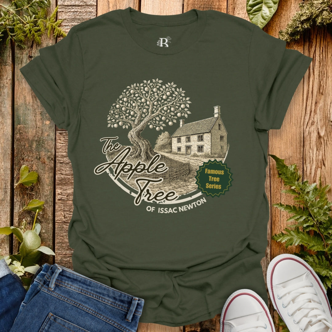 Green t-shirt with apple tree of Issac Newton design, in the "famous tree series".