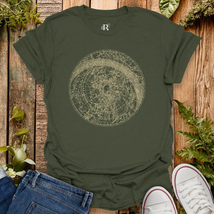 Green t-shirt with constellation graphic design.