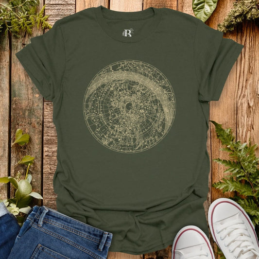 Green t-shirt with constellation graphic design.