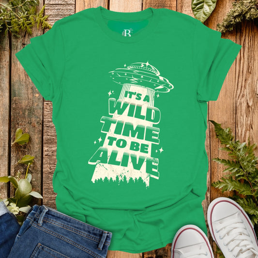 Irish Green T-shirt with UFO graphic design.