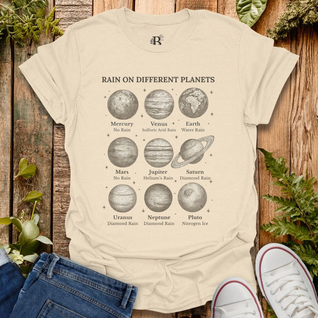 Natural t-shirt with planetary graphic design.