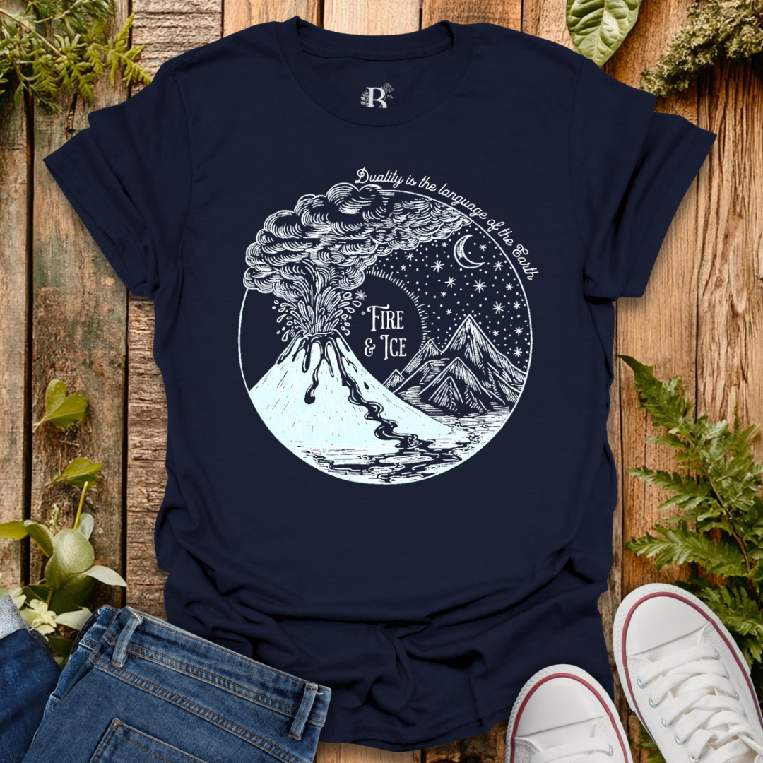 Navy t-shirt with text "Fire & ice" and volcano and ice glacier graphic design.