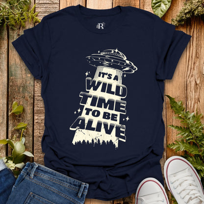 Navy T-shirt with UFO graphic design.