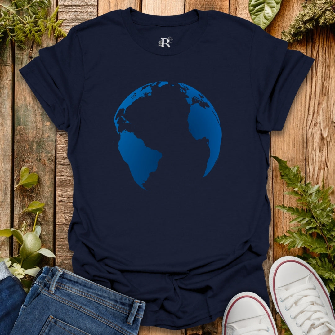 Navy t-shirt with earth graphic design.