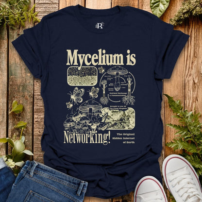 Navy t-shirt with Mycelium is Networking text and mushroom graphics.