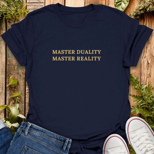 Navy blue t-shirt with text "master duality master reality" on wooden plants background, jeans and sneakers