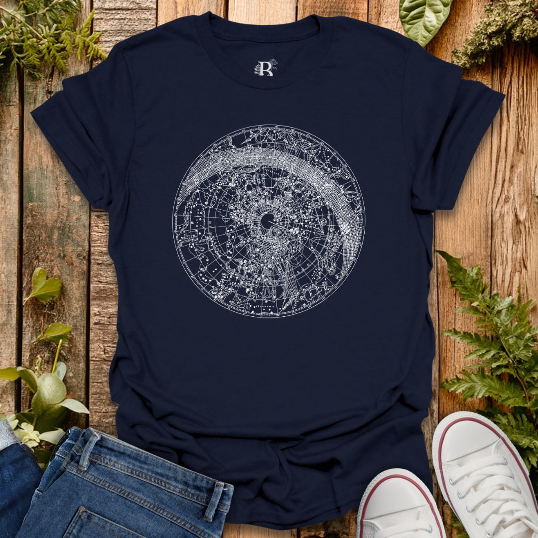 Navy t-shirt with constellation graphic design.