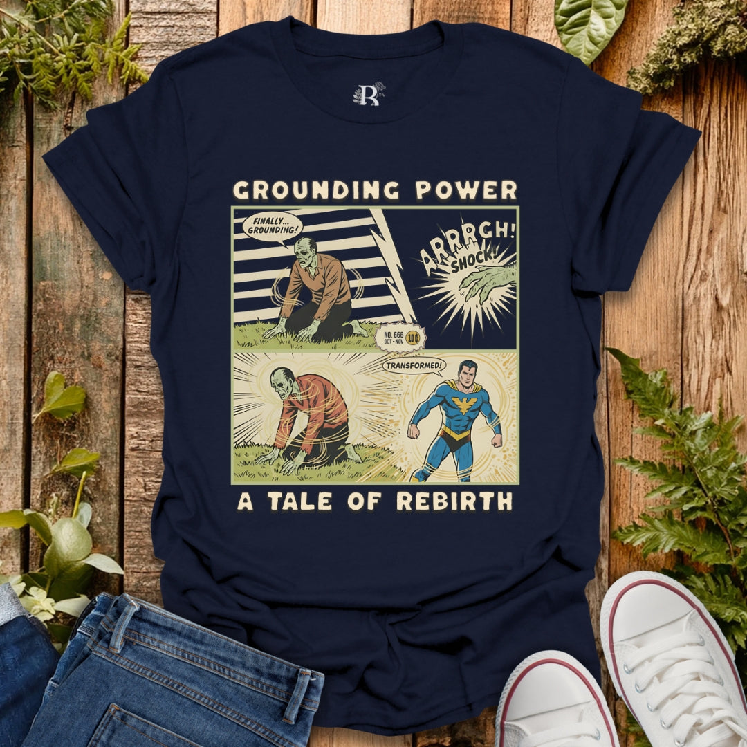 Navy t-shirt with Grounding Graphic design showing superman transformation after grounding.