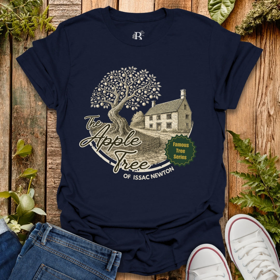 Navy t-shirt with apple tree of Issac Newton design, in the "famous tree series".