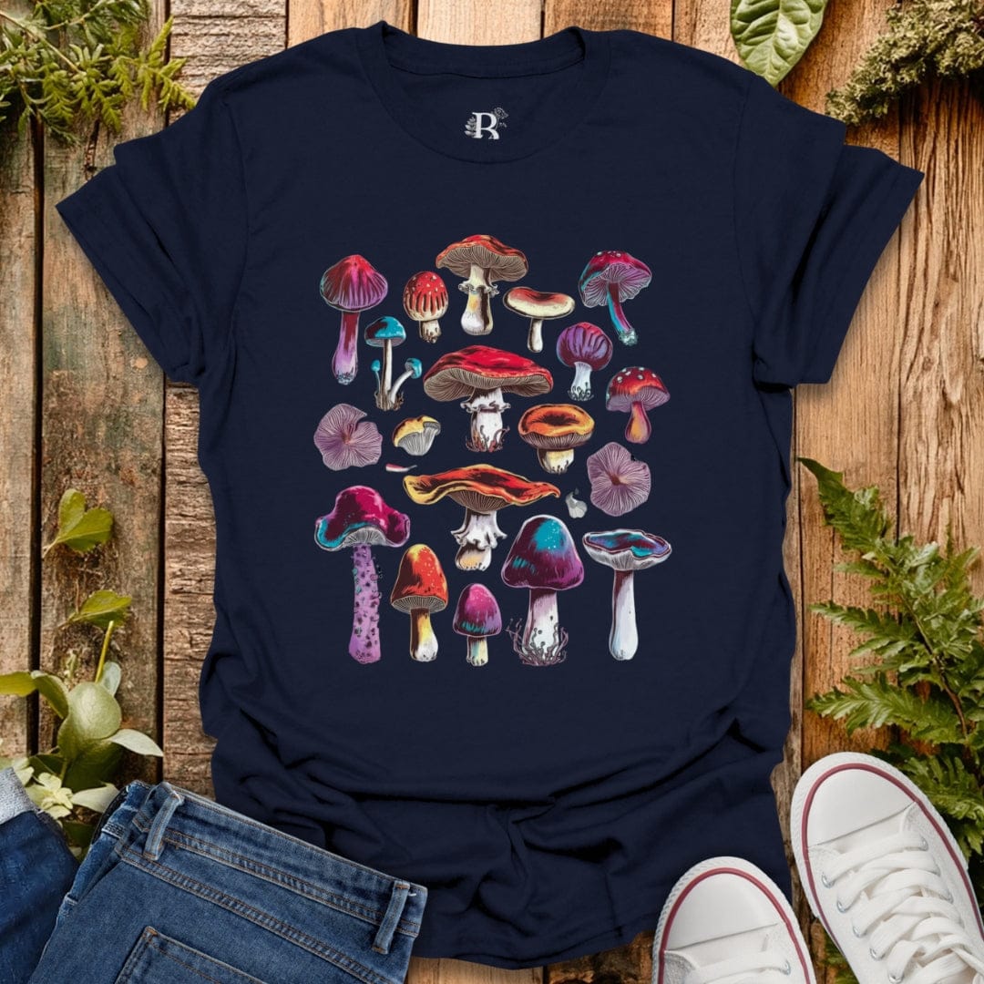 Navy psychedelic poisonous mushrooms graphic t-shirt.