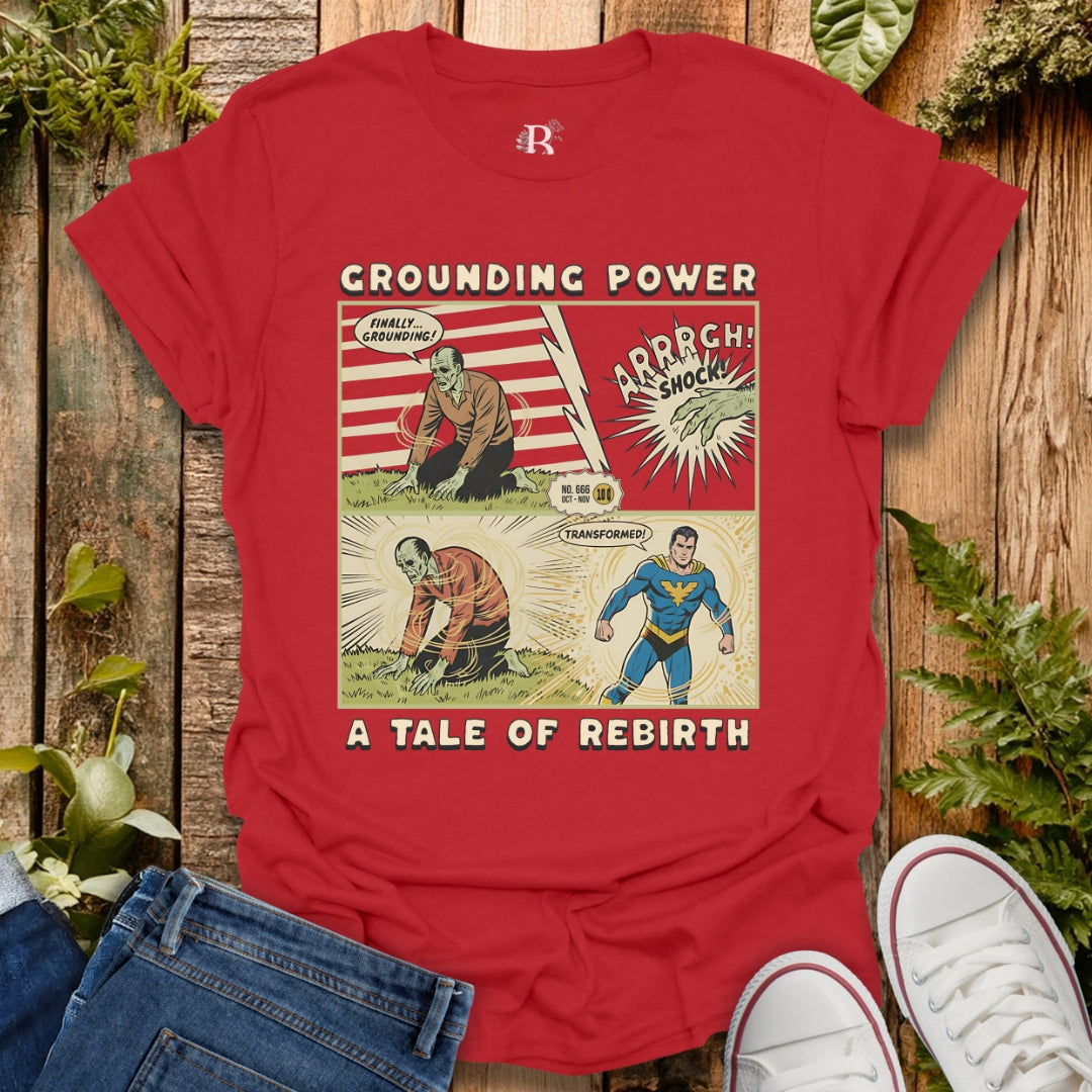 Red t-shirt with Grounding Graphic design showing superman transformation after grounding.